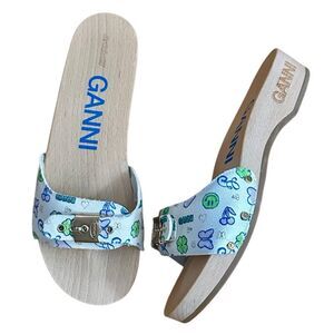 Ganni Canvas Wooden Clog Slides Sandals - White, Multi, Size 9
